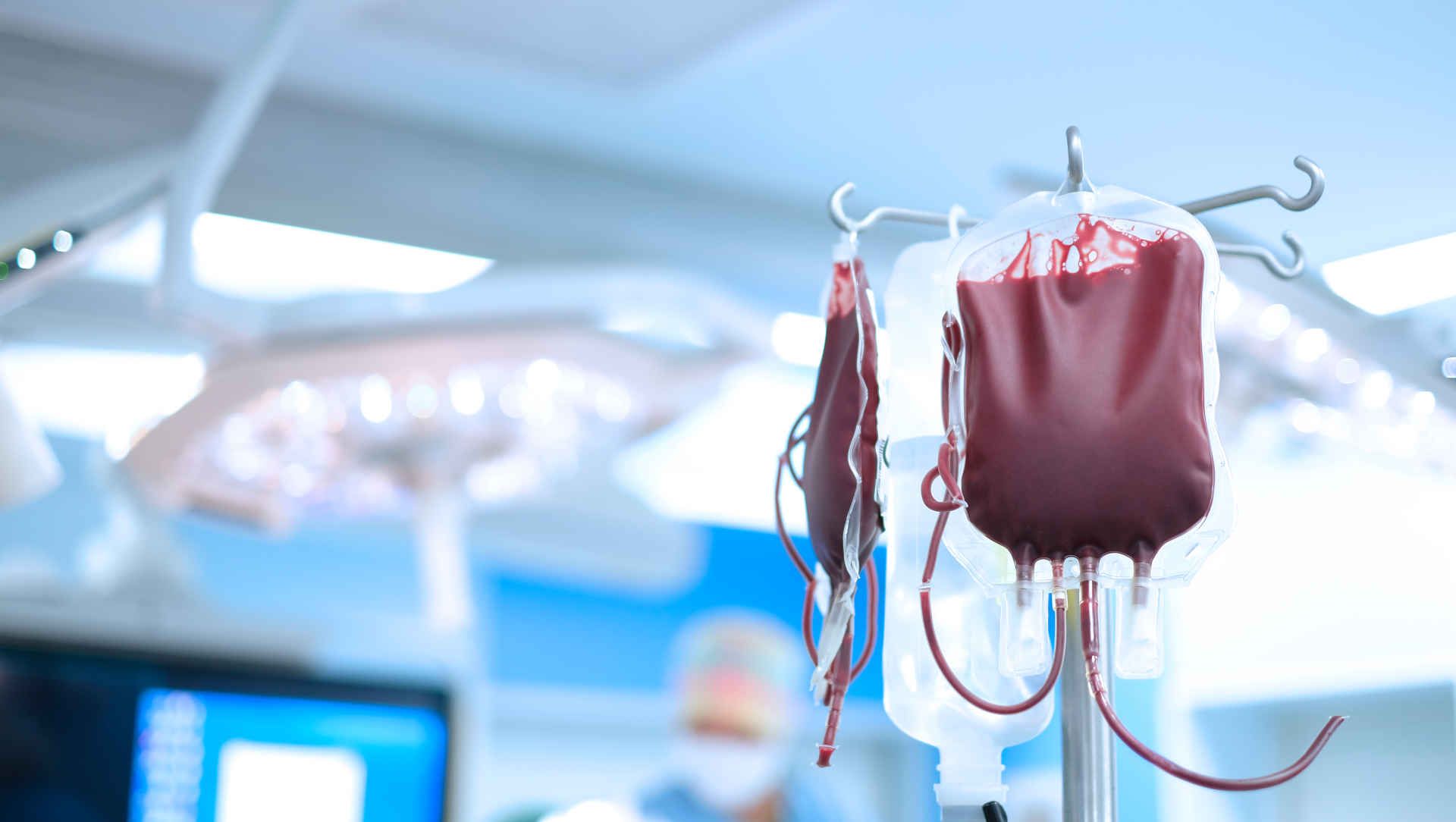 Red blood cells hanging on a drip stand